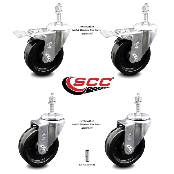 Service Caster 4 Inch Phenolic Swivel 3/8 Inch Threaded Stem Caster Total Lock Brake SCC, 2PK SCC-TSTTL20S414-PHS-381615-2-S-2 - main